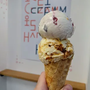 Roasted Michigan cherries with chocolate slivers, as well as, delightful honeycomb, in a waffle cone.