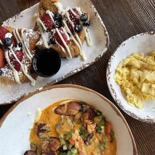 French toast, shrimp and grits, cheese eggs