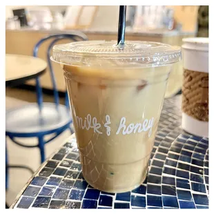 Iced Spanish latte, almond milk