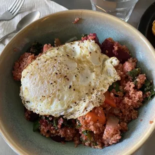 Quinoa grain bowl.  So good, but make sure you like beets