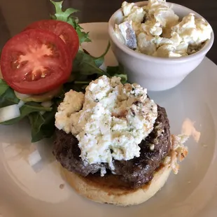 Goat cheese and jam burger with potato salad
