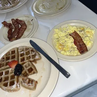 Waffle/scrambled eggs and bacon.