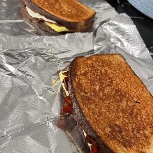 Toasty Breakfast sandwiches made with eggs, choice of cheese and sausage, bacon or ham.