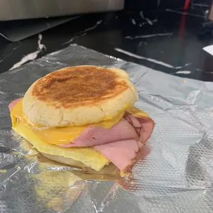 Our delicious home-style English Muffin breakfast sandwich! You can choose Ham, Sausage or Bacon!  And a choice of cheese!  Try one soon.