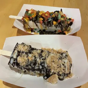 two desserts on white plates