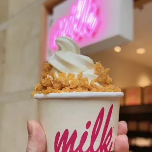 Cereal milk soft serve ($7) with cornflake crunch ($1.50)