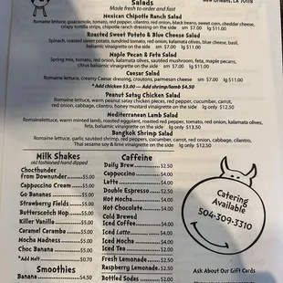 Menu of salads and drinks