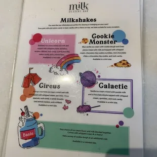 Milkshake menu
