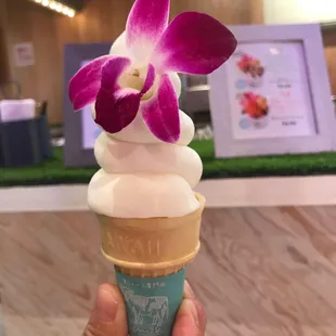 an ice cream cone with a flower on top