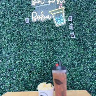 Boba tea and rolled ice cream.