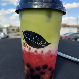 Strawberry Matcha Latte with Tapioca Boba and Strawberry Pop Boba
