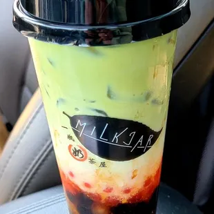 Lrg Mango matcha milk tea w/ tapioca boba &amp; strawberry pop