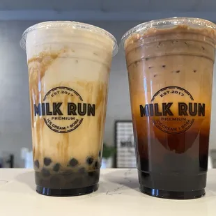 Brown sugar milk tea with boba 25% sweet and Thai Tea Coffee with boba