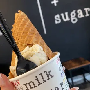 split scoops of sundae funday and happy wife with a brown butter brown sugar cone.