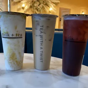 Left to right: mango snow, white peach oolong milk tea, mulberry golden tea