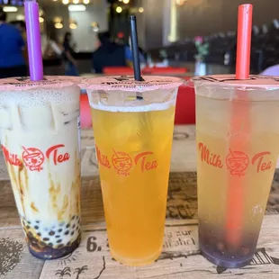 Brown sugar milk, passion fruit tea, jasmine tea with boba