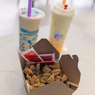 Popcorn chicken, mango milk tea (L), mango lover drink (R)