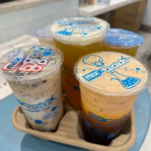 Bttm Right: Thai Milk Tea, Bttm Left: Mochi Oreo Milk Tea, Center: Kumquat Mango Green Tea