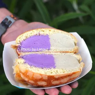 Milkbomb Sandwich ($9) - Hojicha and Ube Cookie Butter Ice Cream on Concha