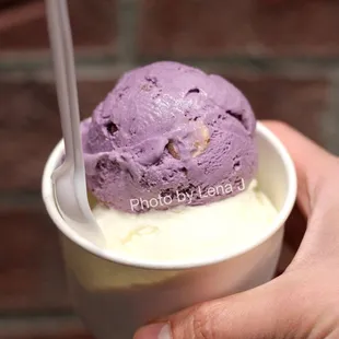 Split Single Scoop ($6) of Ube Malt and Durian ice cream. Both quite sweet. Durian flavor isn&apos;t very strong.