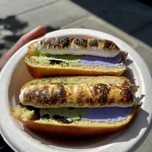 Ube + matcha cookie in brioche bun w/ fluff (it&apos;s smaller than it looks in picture)