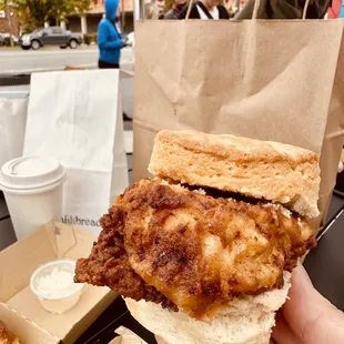 a hand holding a fried chicken sandwich