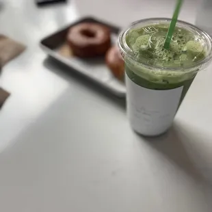 Matcha latte and classic donuts