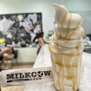 an ice cream sundae with caramel drizzle