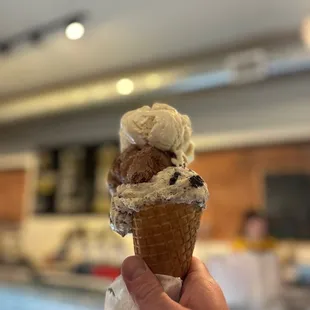 Triple in a waffle cone - cookies &amp; cream, chocolate (was the best), and topped with vanilla bean (bland and uninspiring)