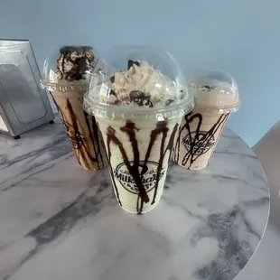 Peanut butter ice cream shake w/reeses pieces  For the love of mint shake Salted caramel Oreo cookies shakes