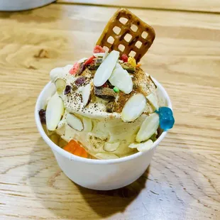 a bowl of ice cream with toppings