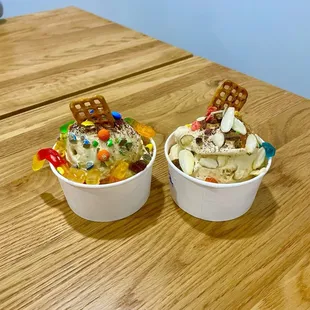 two bowls of ice cream and pretzels
