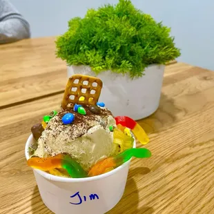 a cup of ice cream with a cookie on top