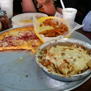 Cheddar ranch pizza, family size cheese fries leftovers after my family devoured.