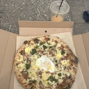 Breakfast pizza, red wolf chai