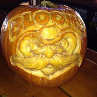 a carved pumpkin on a table