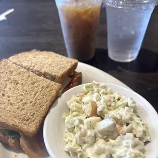 Turkey club with apple slaw and an iced caramel latte