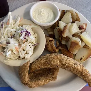 Catfish, slaw and potatoes