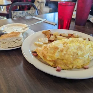Omelette and Biscuits and Gravy
