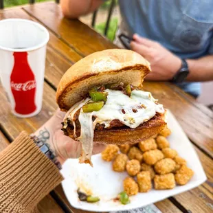 a sandwich and fried tater tots