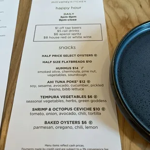 Happy Hour menu, a bit different today than what's online.