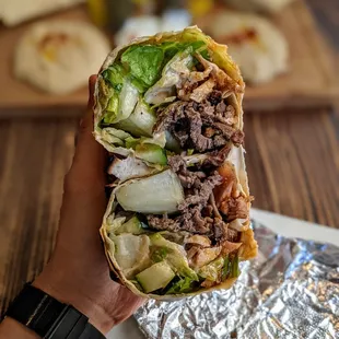 10/23/21 - Combo Wrap $10.95. Lamb + Beef + Chicken. X-section. Great meat/veggie ratio.