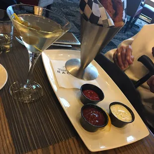 Wall-eye fries and Dirty Money Martini