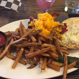 Bacon-Cheddar Steak Burger with garlic aioli with French fries