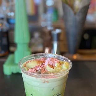 $7 STRAWBERRIES &amp; CREAM MATCHA ICED COFFEE (+1 for NON-DAIRY MILK): w/ ice cream &amp; strawberry dust! Watered down, very light matcha flavor.