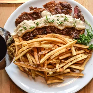 Steak frites with green peppercorn sauce