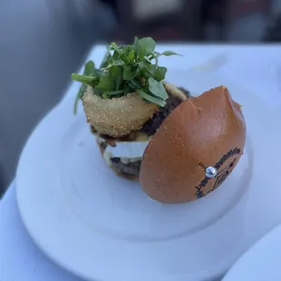 M&amp;L Burger: Dry-Aged Blend, Mt. Tam Triple Cream, Bacon Jam, Onion Rings, Watercress, Truffle Fries