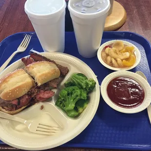 Poorboy Sandwich, broccoli and fruit salad.