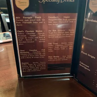 Specialty drink menu