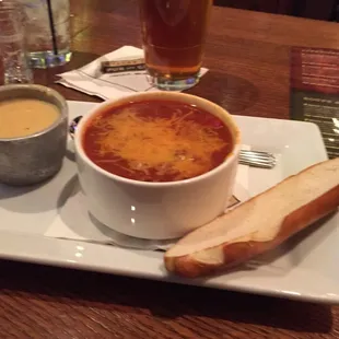 Steakhouse chili with a shooter of beer cheese soup